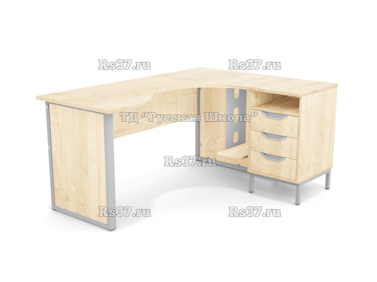 Стол угловой ЛОФТ с подвесом для системного блока на мк., в комплекте с приставной тумбой, с 2 боковыми экранами из ЛДСП (мк. Серый, ст. Клён)