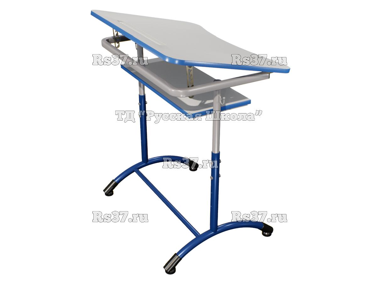 Стол ученический ДЖЕТ 1-мест регулируемый по высоте и углу наклона столешницы 0-15 градусов, с полкой «Точка роста» (гр. 4-6, ст. Серая, кр. Синяяя, мк. Серый/Синий)
