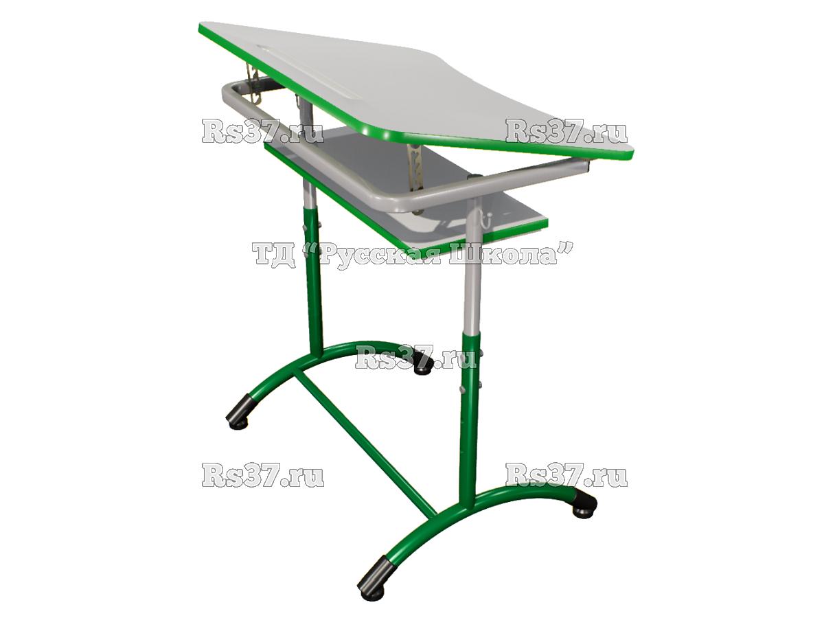 Стол ученический ДЖЕТ 1-мест регулируемый по высоте и углу наклона столешницы 0-15 градусов, с полкой «Точка роста» (гр. 4-6, ст. Серая, кр. Зелёная, мк. Серый/Зелёный)