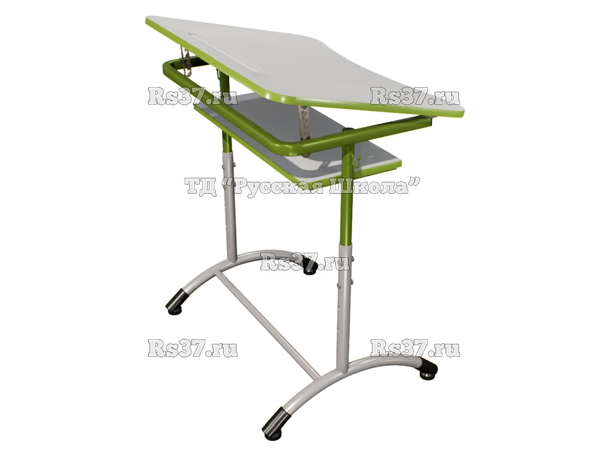 Стол ученический ДЖЕТ 1-мест регулируемый по высоте и углу наклона столешницы 0-15 градусов, с полкой «Точка роста» (гр. 4-6, ст. Серая, кр. Гринери, мк. Гринери/Серый)