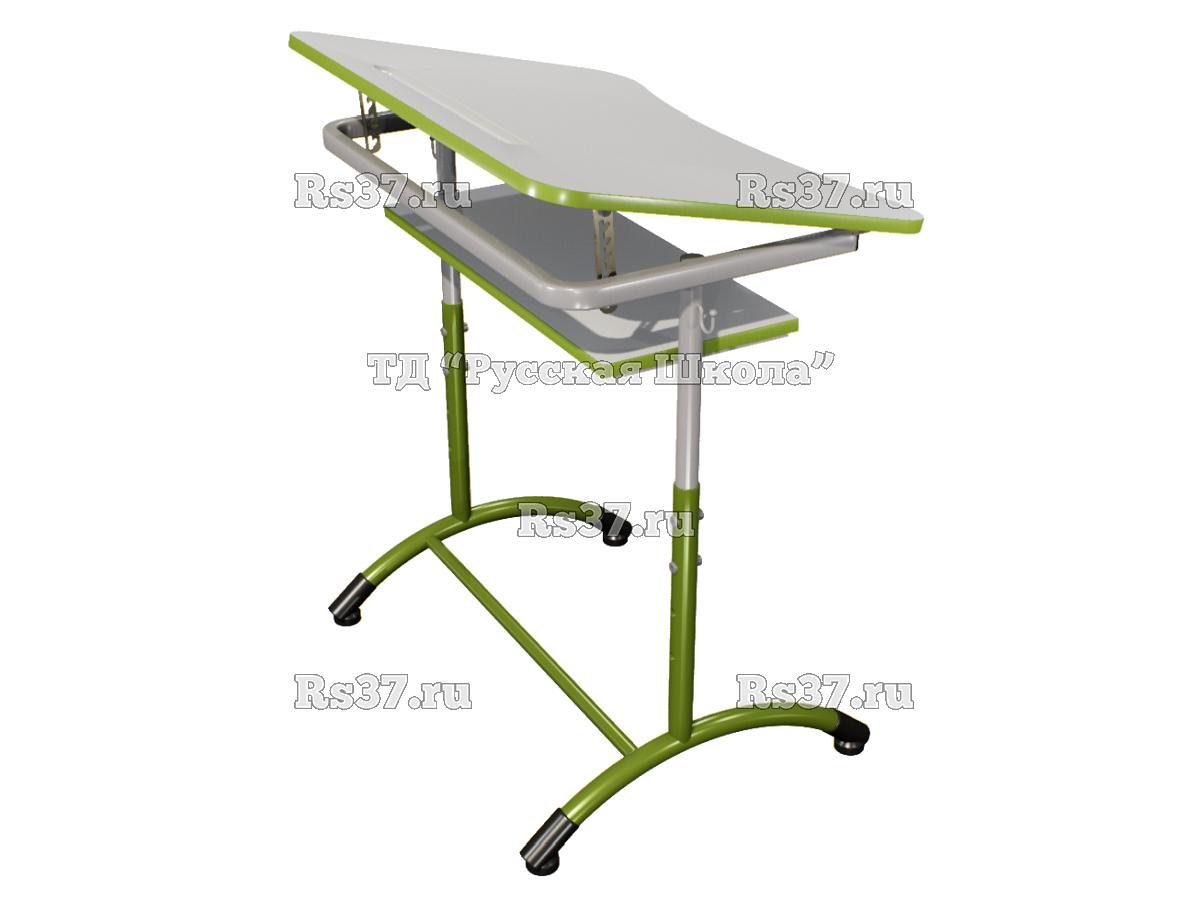 Стол ученический ДЖЕТ 1-мест регулируемый по высоте и углу наклона столешницы 0-15 градусов, с полкой «Точка роста» (гр. 4-6, ст. Серая, кр. Гринери, мк. Серый/Гринери)