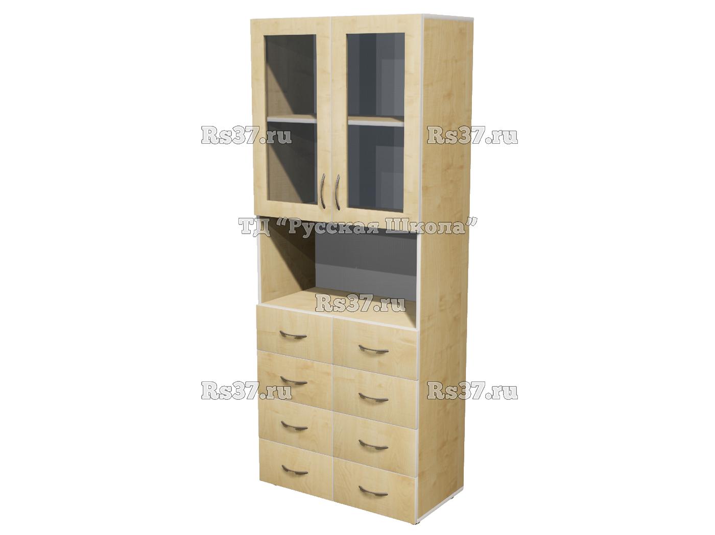 Шкаф ЭКО 25M13 широкий полуоткрытый 8 ящиков с нишей со стеклом (кор. Клен, кр. Белая, ф. Клен)