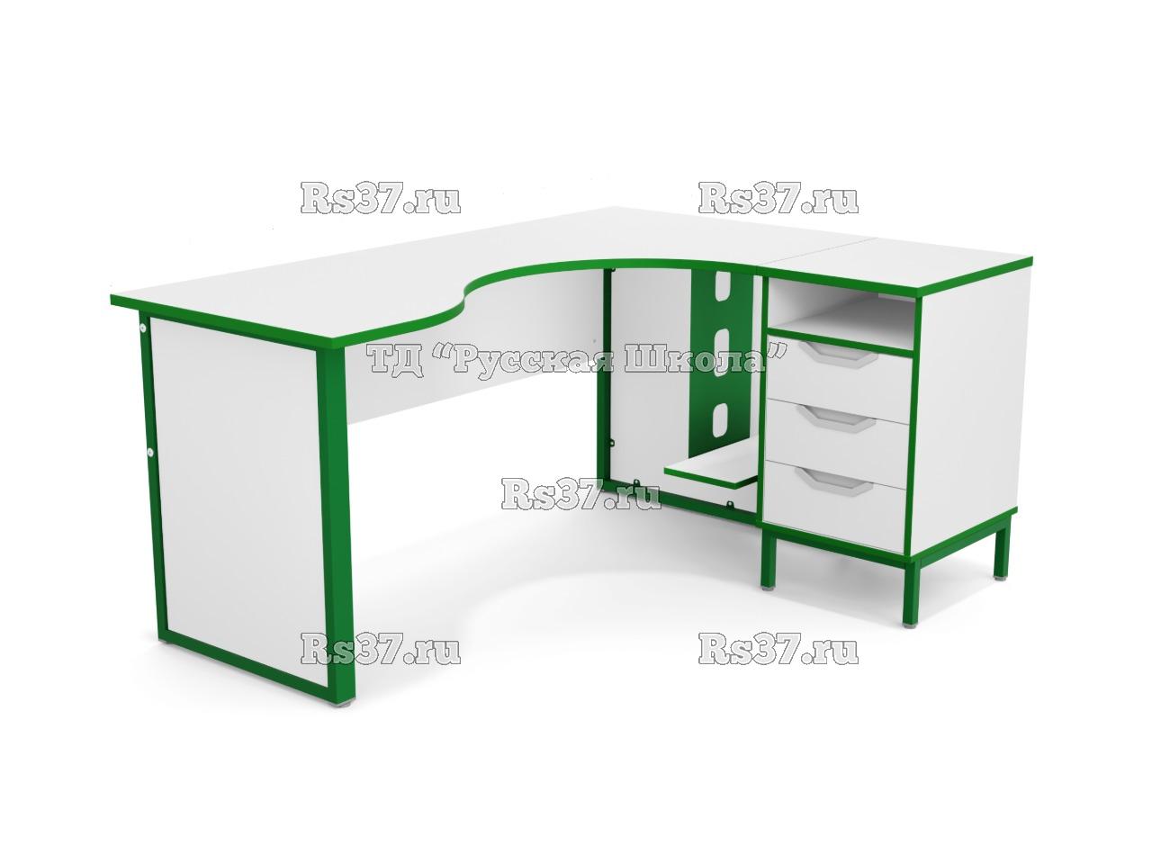 Стол угловой ЛОФТ с подвесом для системного блока на мк., в комплекте с приставной тумбой, с 2 боковыми экранами из ЛДСП (мк. Зелёный, ст. Серый)