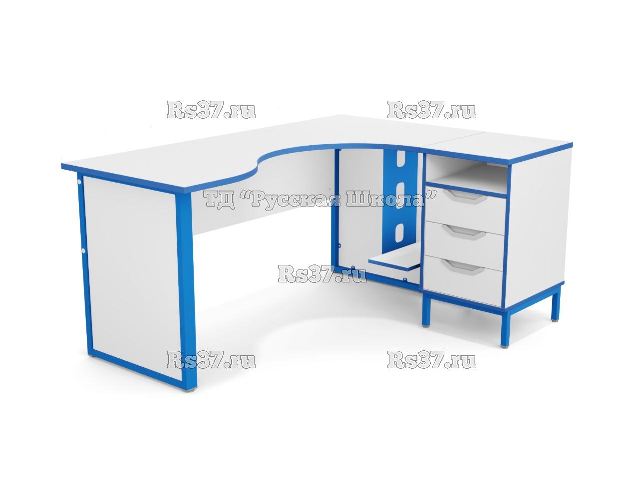 Стол угловой ЛОФТ с подвесом для системного блока на мк., в комплекте с приставной тумбой, с 2 боковыми экранами из ЛДСП (мк. Синий, ст. Серый)