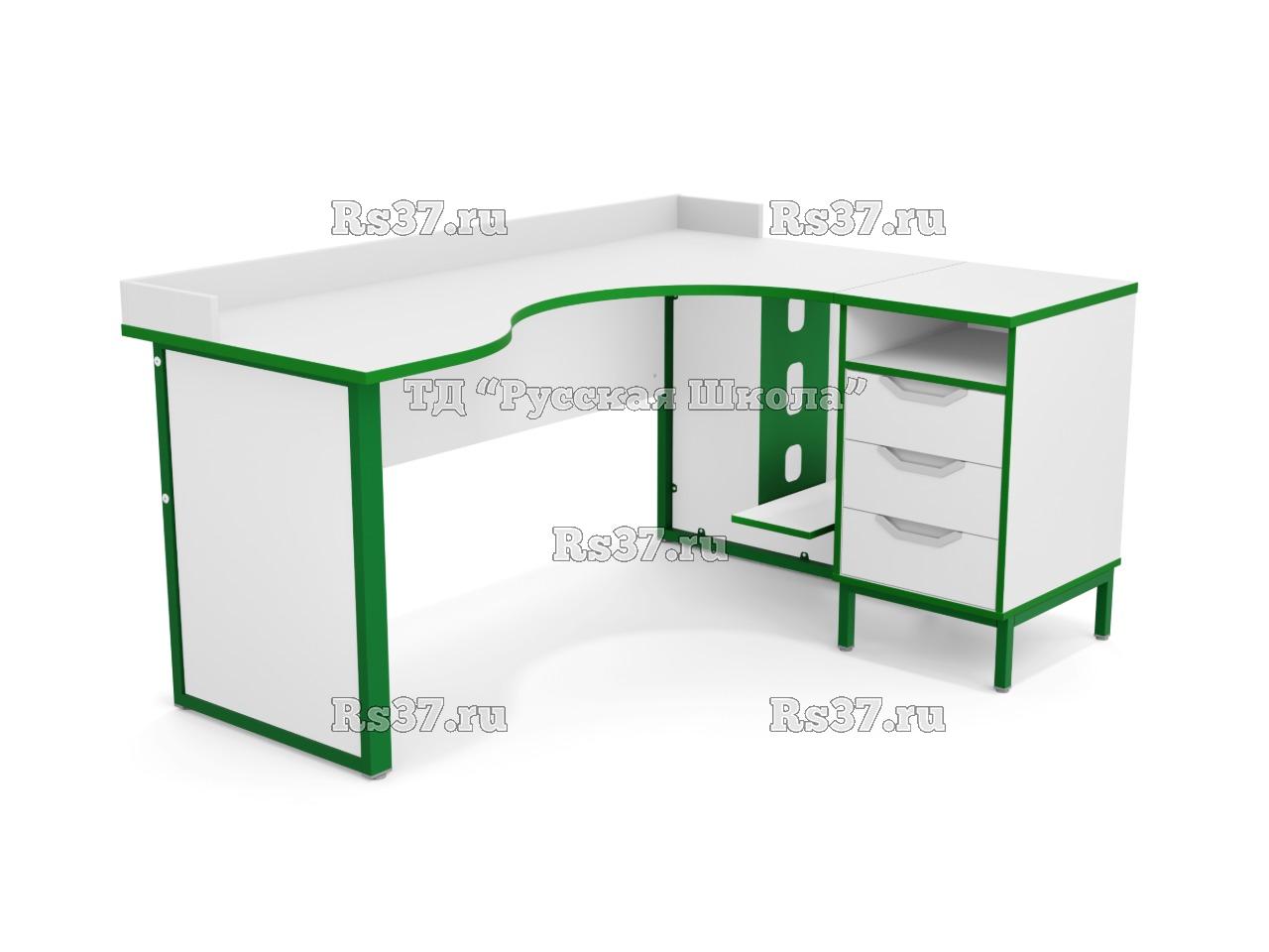 Стол угловой ЛОФТ с бортом с подвесом для системного блока на мк., в комплекте с приставной тумбой, с 2 боковыми экранами из ЛДСП (мк. Зелёный, ст. Серая)