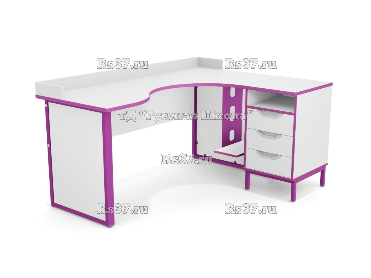 Стол угловой ЛОФТ с бортом с подвесом для системного блока на мк., в комплекте с приставной тумбой, с 2 боковыми экранами из ЛДСП (мк. Фиолетовый, ст. Серая)