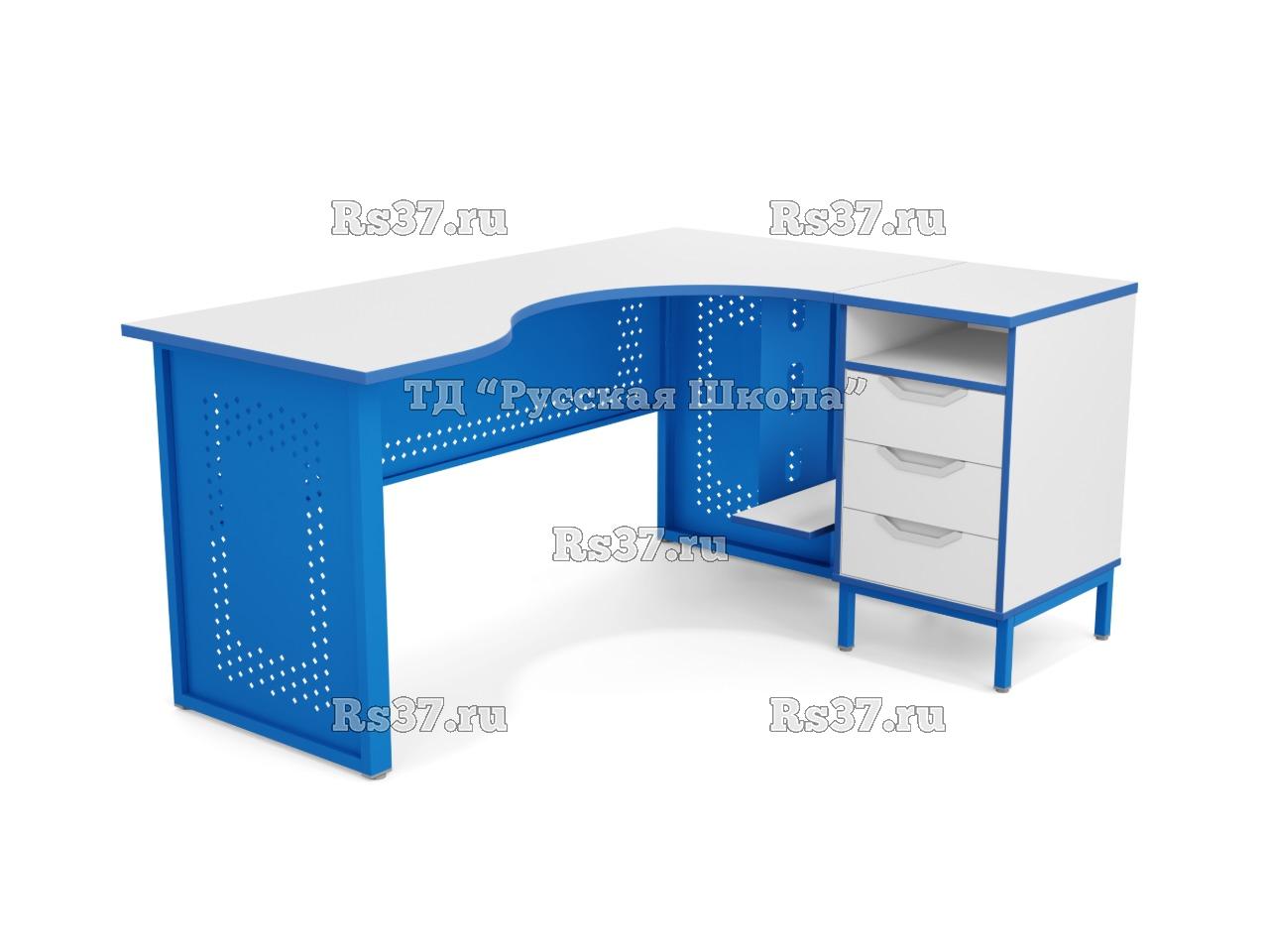 Стол угловой ЛОФТ с подвесом для системного блока с перфорацией на мк., в комплекте с приставной тумбой, с 2 боковыми экранами (мк. Синий, ст. Серая)