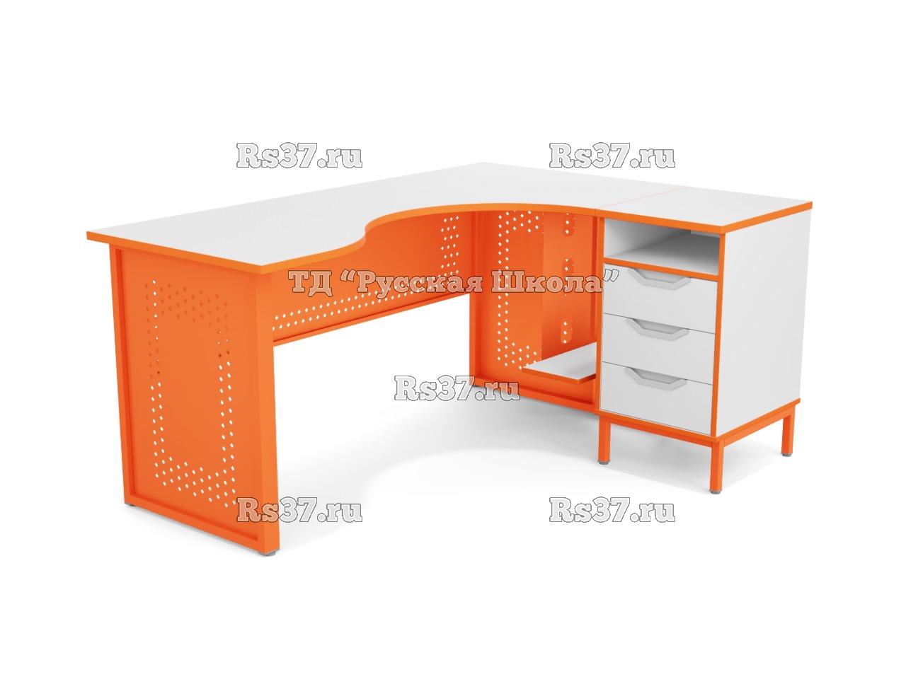 Стол угловой ЛОФТ с подвесом для системного блока с перфорацией на мк., в комплекте с приставной тумбой, с 2 боковыми экранами (мк. Оранжевый, ст. Серая)