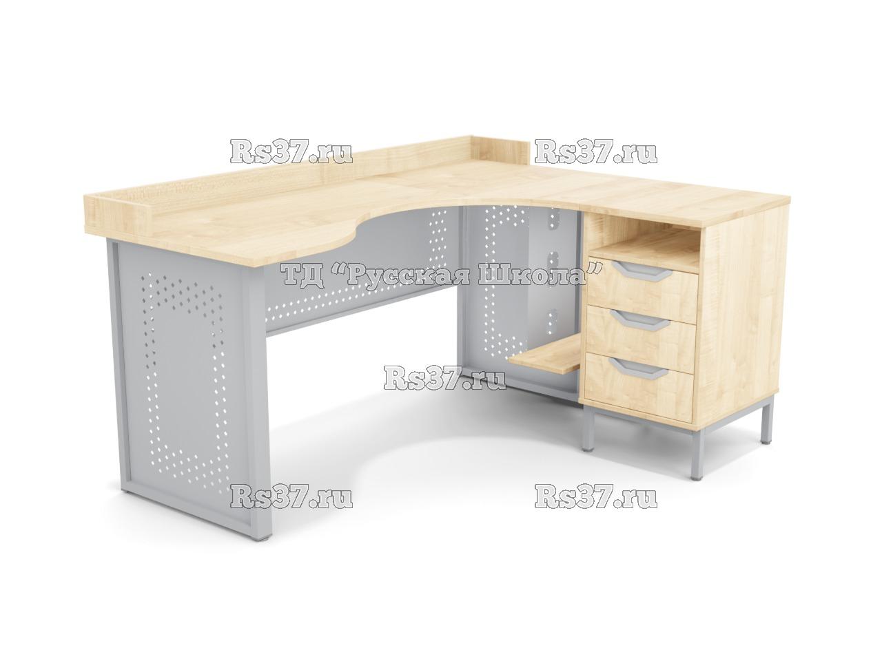 Стол угловой ЛОФТ с бортом, с подвесом для системного блока и приставной тумбой, с перфорацией, с 2 боковыми экранами (мк. Серый, ст. Клён)