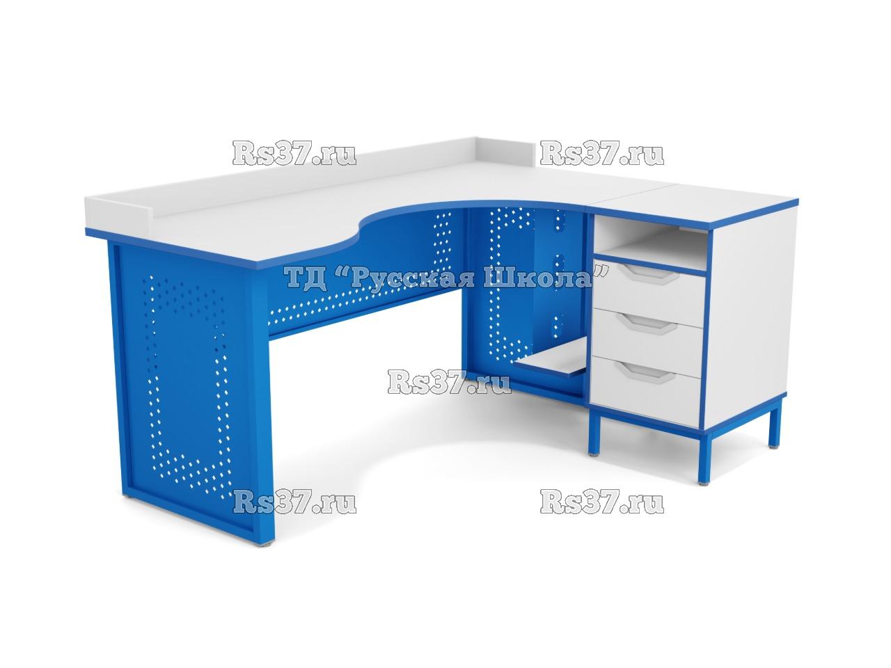 Стол угловой ЛОФТ с бортом, с подвесом для системного блока и приставной тумбой, с перфорацией, с 2 боковыми экранами (мк. Синий, ст. Серая)