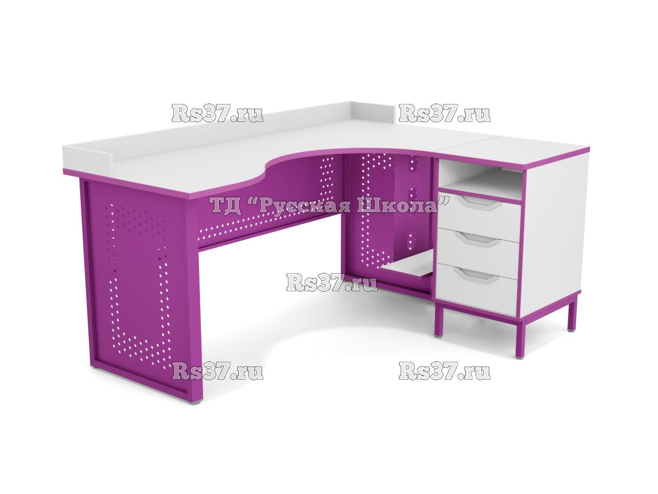 Стол угловой ЛОФТ с бортом, с подвесом для системного блока и приставной тумбой, с перфорацией, с 2 боковыми экранами (мк. Фиолетовый, ст. Серая)