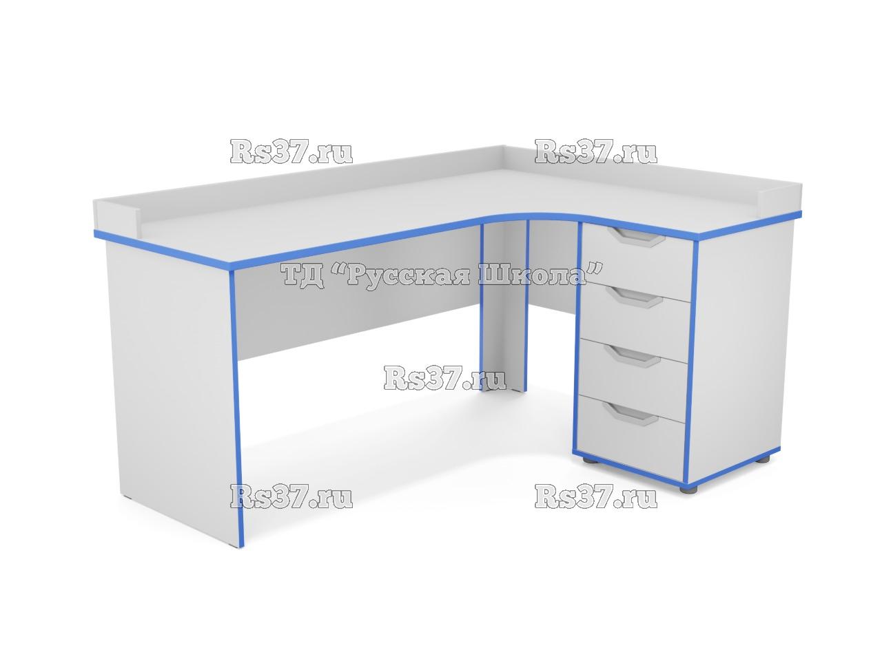 Стол угловой ЛОФТ с приставной тумбой 4 ящика, с бортом (ст. Серая, кр. Голубая), ручки «Соты»