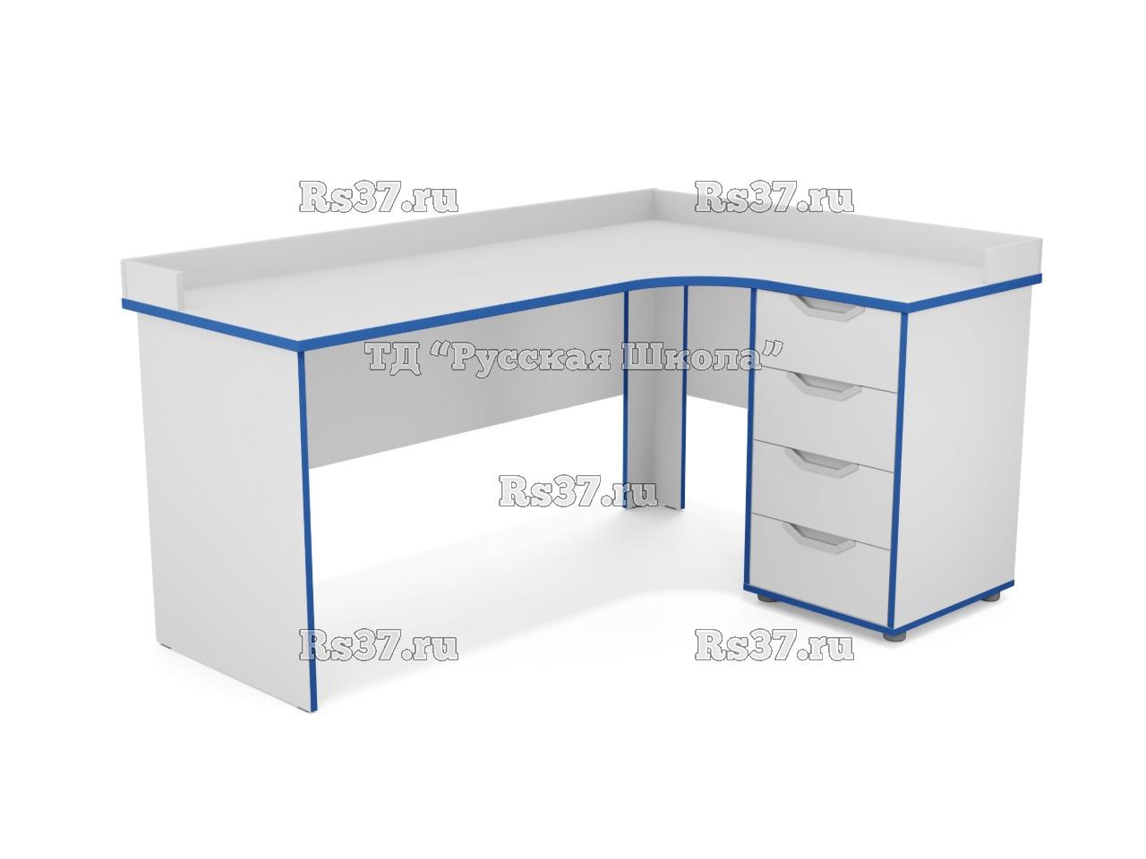 Стол угловой ЛОФТ с приставной тумбой 4 ящика, с бортом (ст. Серая, кр. Синяя), ручки «Соты»