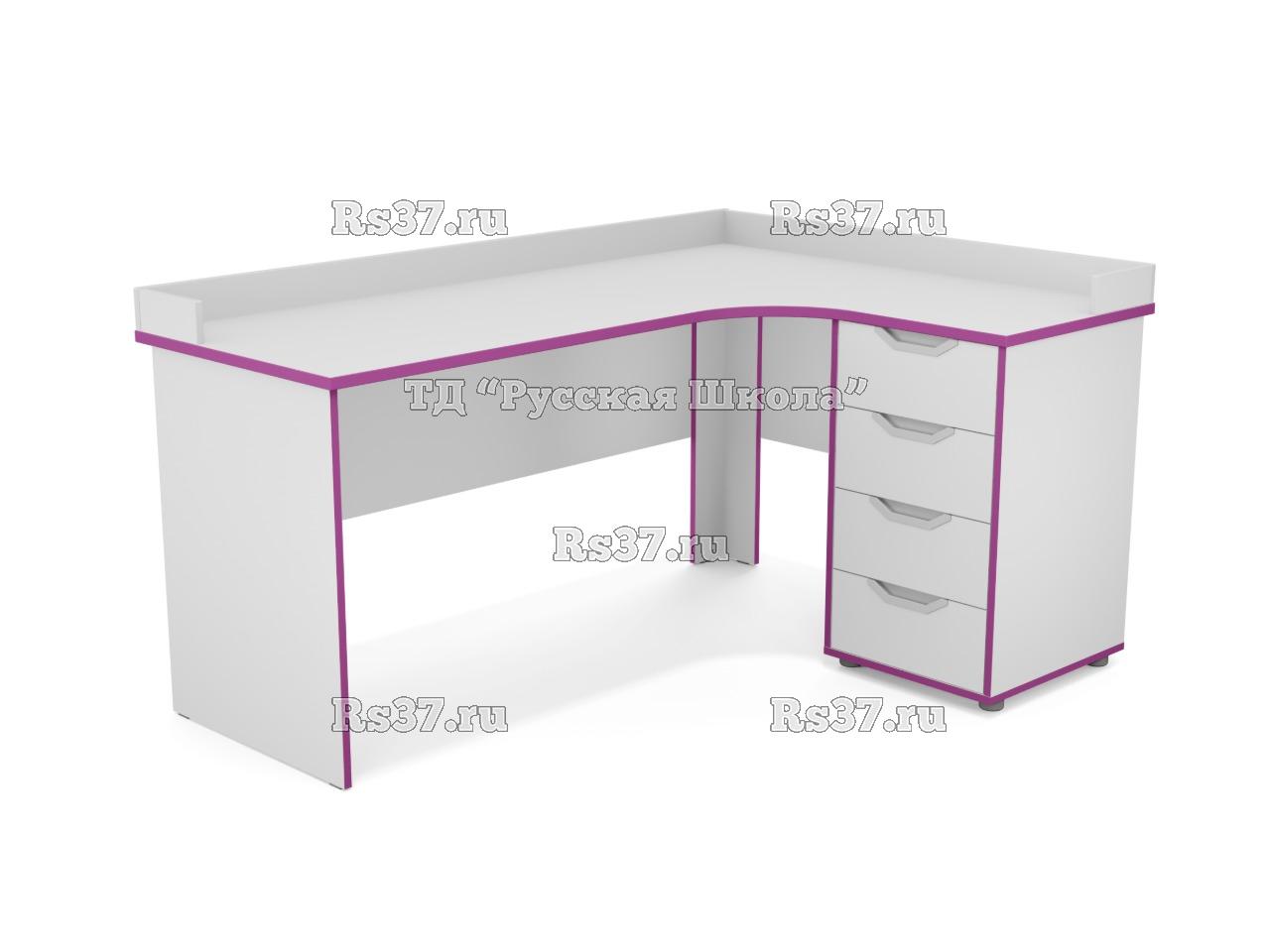 Стол угловой ЛОФТ с приставной тумбой 4 ящика, с бортом (ст. Серая, кр. Фиолетовая), ручки «Соты»