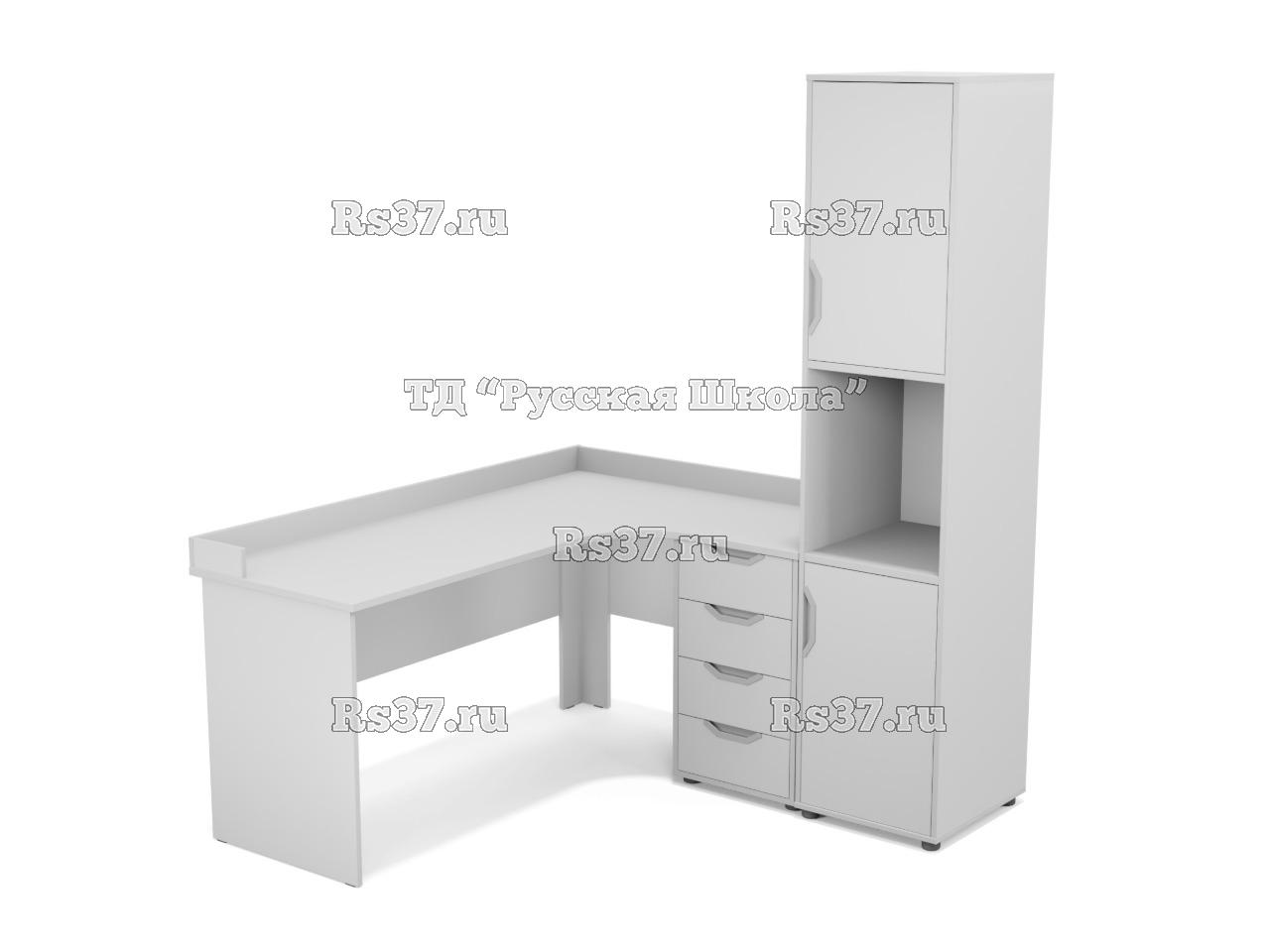 Стол угловой с встроенной тумбой 4 ящика с бортом + Шкаф узкий полуоткрытый с нишей (ст. Серая, кр. Серая)