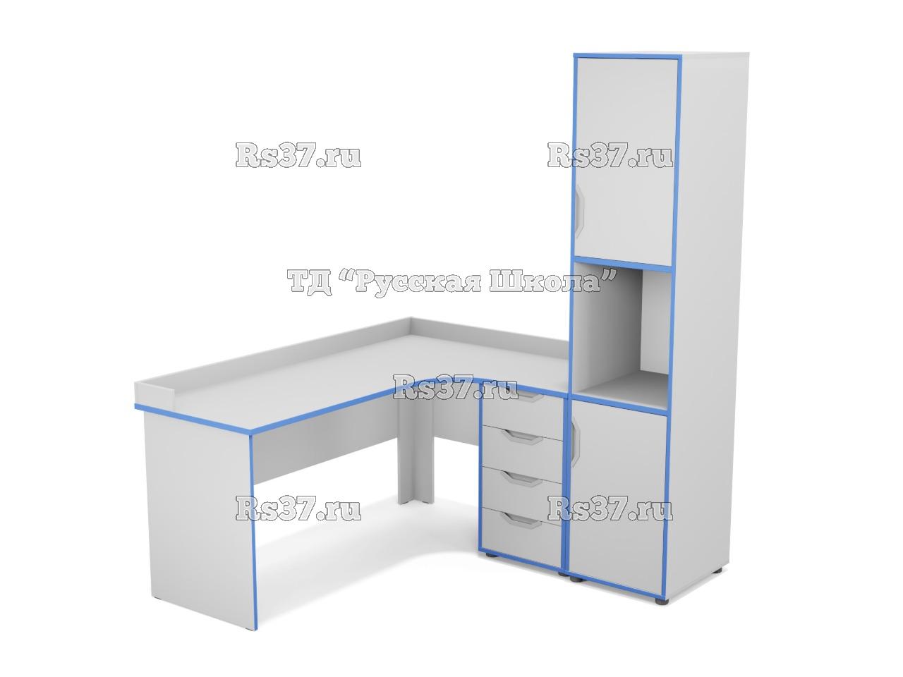 Стол угловой с встроенной тумбой 4 ящика с бортом + Шкаф узкий полуоткрытый с нишей (ст. Серая, кр. Голубая)