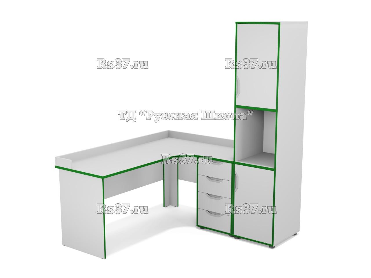 Стол угловой с встроенной тумбой 4 ящика с бортом + Шкаф узкий полуоткрытый с нишей (ст. Серая, кр. Зелёная)