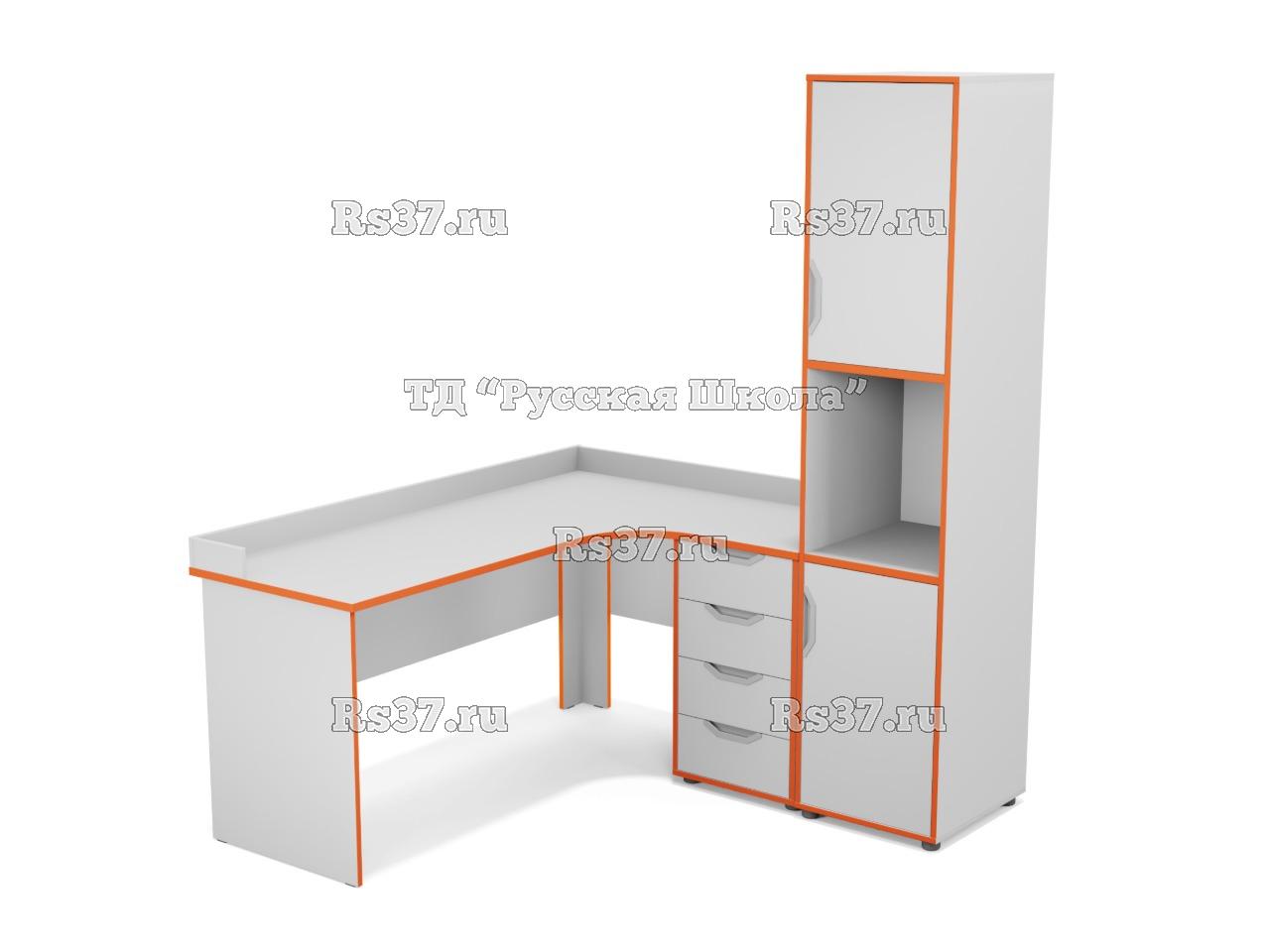 Стол угловой с встроенной тумбой 4 ящика с бортом + Шкаф узкий полуоткрытый с нишей (ст. Серая, кр. Оранжевая)