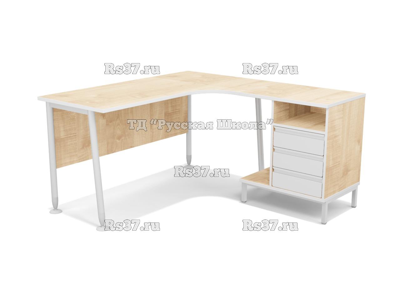 Стол угловой ЛИГА 18 с тумбой и подставкой для системного блока с металлофасадами (ст. Клён, мк. Белый)