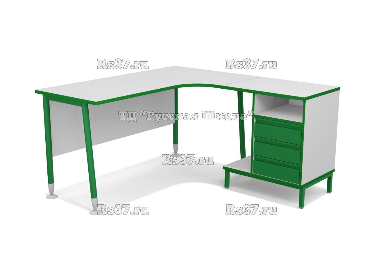 Стол угловой ЛИГА 18 с тумбой и подставкой для системного блока с металлофасадами (ст. Серая, мк. Зелёный)