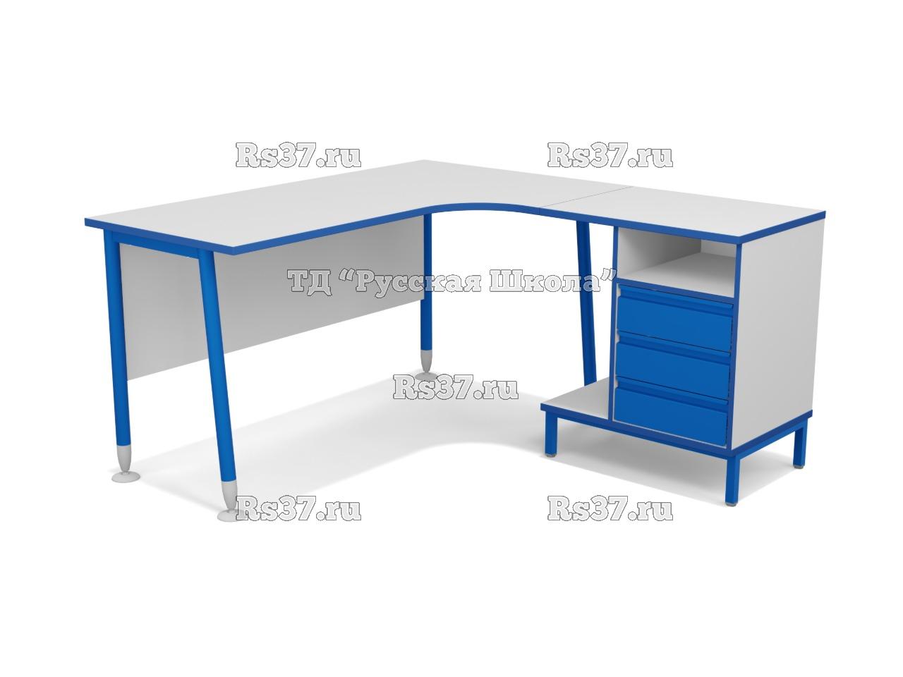 Стол угловой ЛИГА 18 с тумбой и подставкой для системного блока с металлофасадами (ст. Серая, мк. Синий)