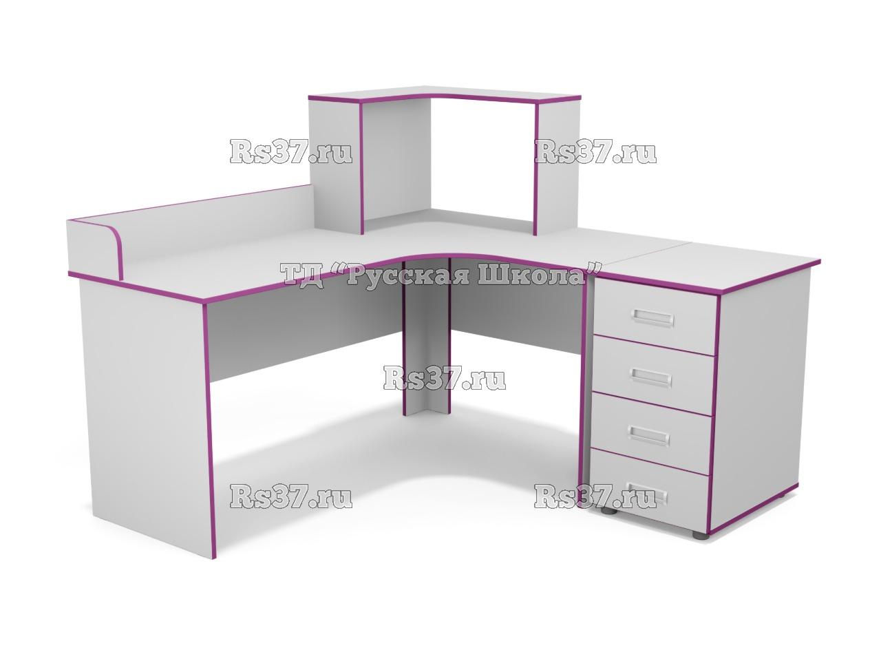 Стол угловой с бортиком и надстройкой, с приставной тумбой 4 ящика (ст. Серая, кр. Фиолетовая)