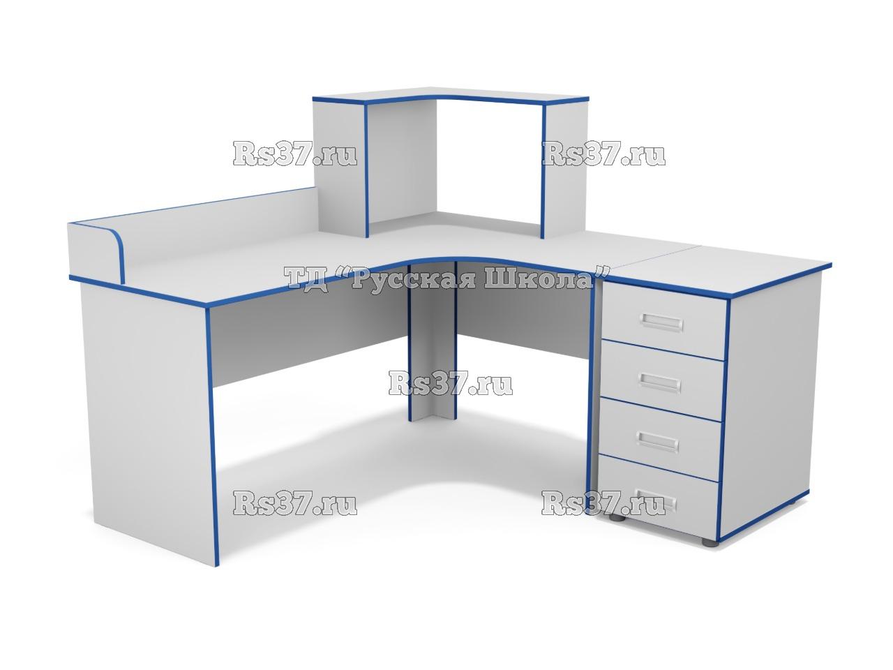 Стол угловой с бортиком и надстройкой, с приставной тумбой 4 ящика (ст. Серая, кр. Синяя)
