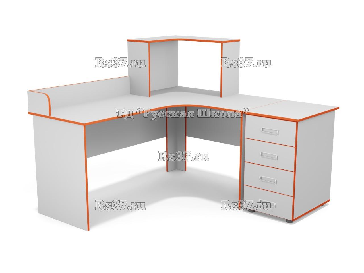 Стол угловой с бортиком и надстройкой, с приставной тумбой 4 ящика (ст. Серая, кр. Оранжевая)
