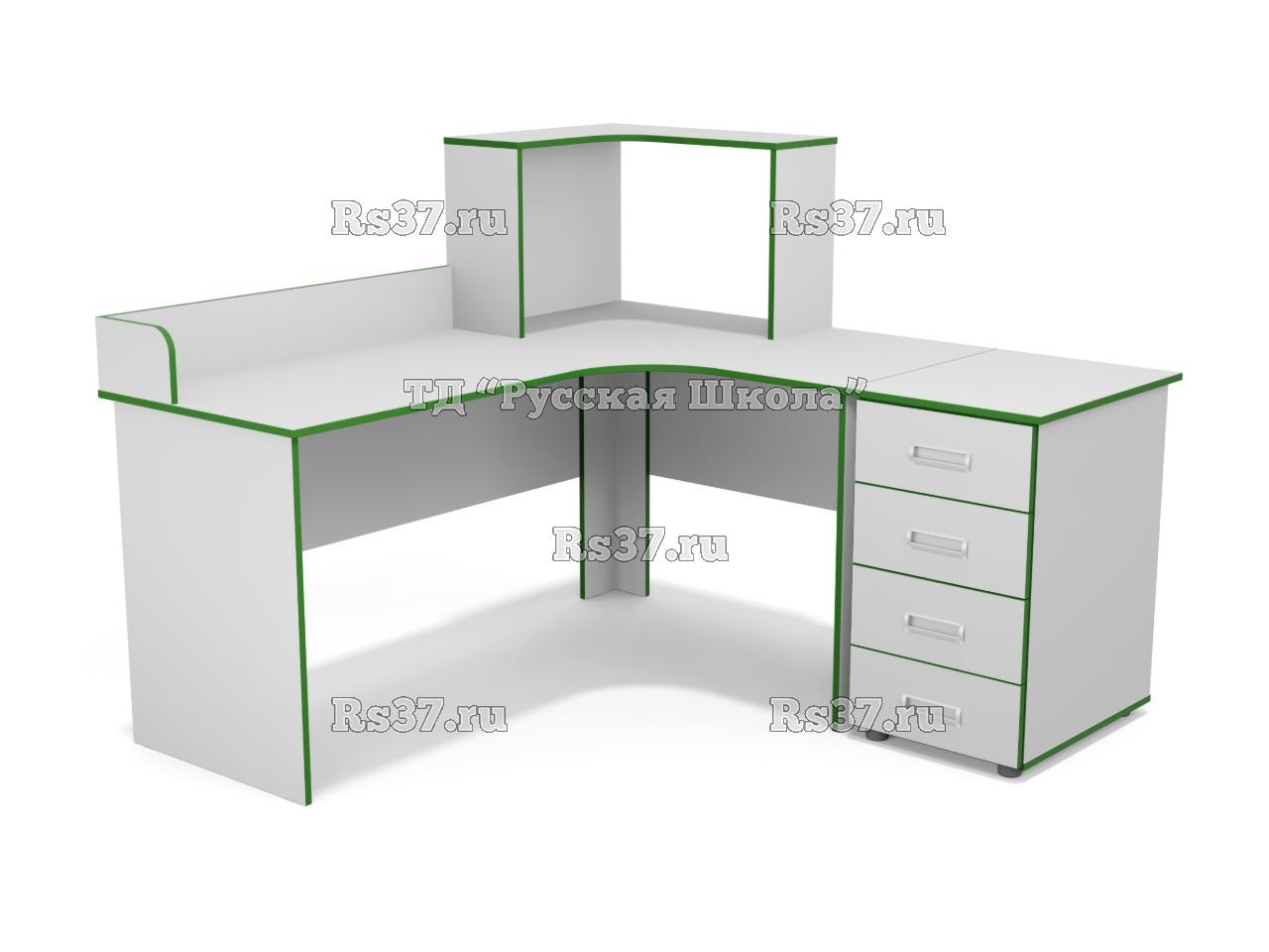 Стол угловой с бортиком и надстройкой, с приставной тумбой 4 ящика (ст. Серая, кр. Зелёная)