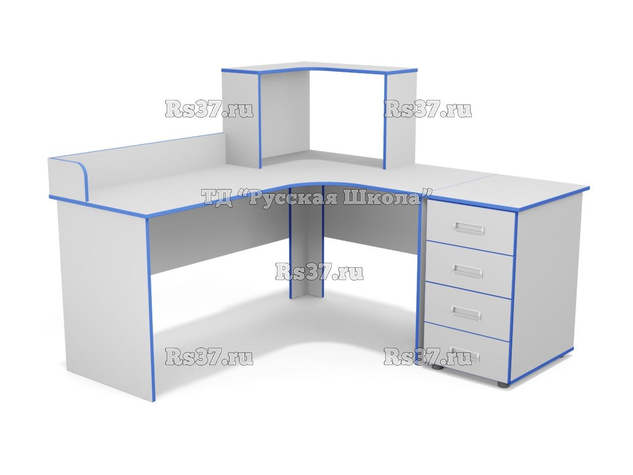 Стол угловой с бортиком и надстройкой, с приставной тумбой 4 ящика (ст. Серая, кр. Голубая)
