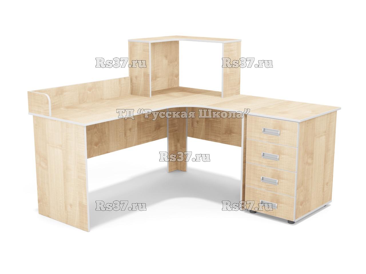 Стол угловой с бортиком и надстройкой, с приставной тумбой 4 ящика (ст. Клён, кр. Белая)