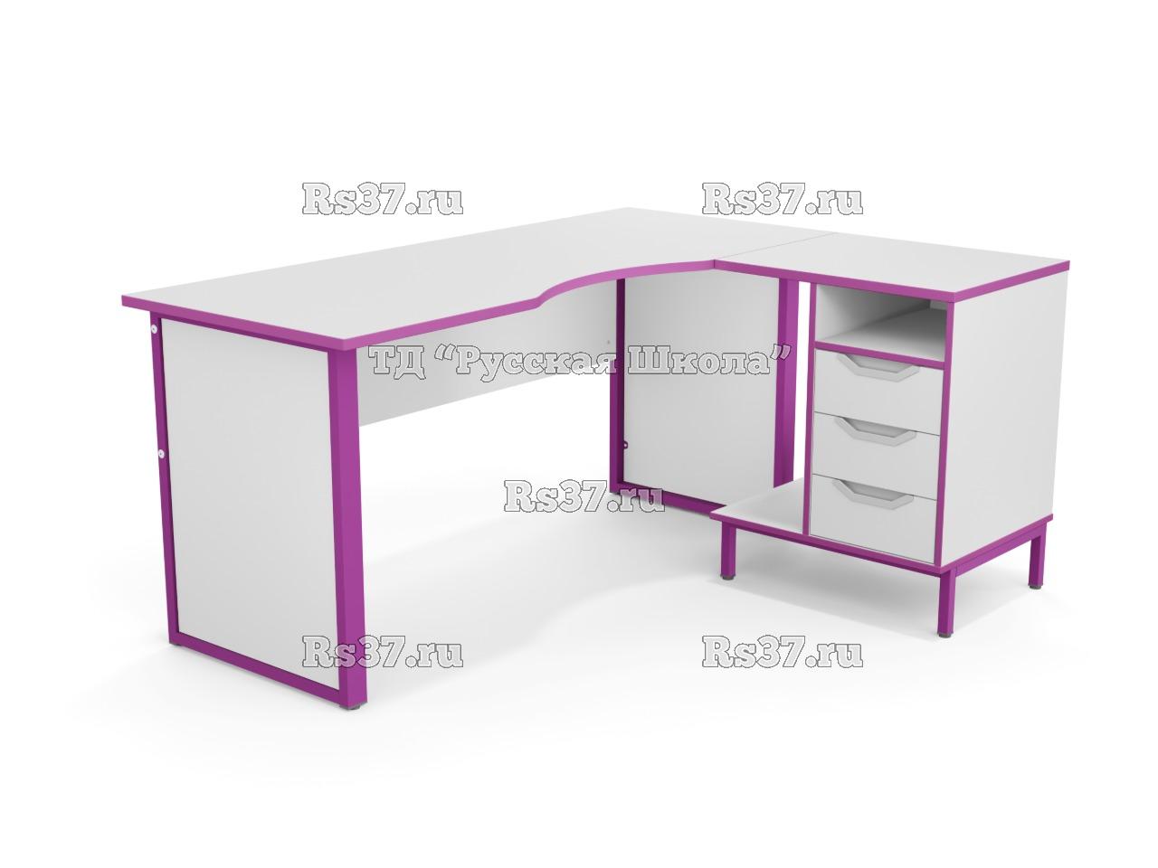 Стол угловой ЛОФТ в комплекте с приставной тумбой с интегрированной подставкой для системного блока, с 2 боковыми экранами из ЛДСП (мк. Фиолетовый, ст. Серая), ручки «Соты»